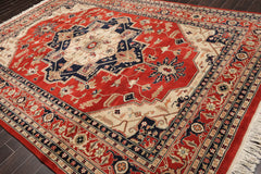 9x12 Burnt Orange, Beige, Navy Color Hand Knotted All-Over 100% Wool Traditional Oriental Rug