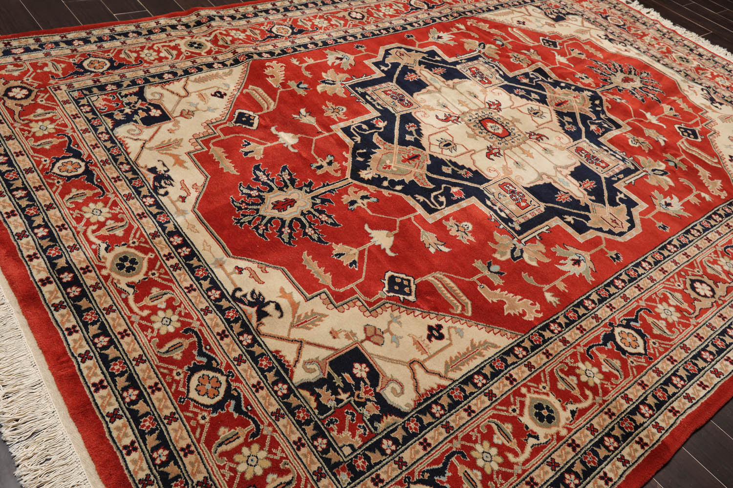 9x12 Burnt Orange, Beige, Navy Color Hand Knotted All-Over 100% Wool Traditional Oriental Rug