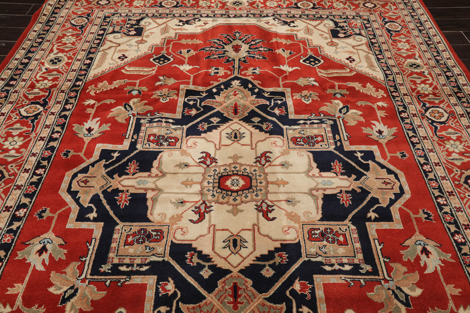 9x12 Burnt Orange, Beige, Navy Color Hand Knotted All-Over 100% Wool Traditional Oriental Rug
