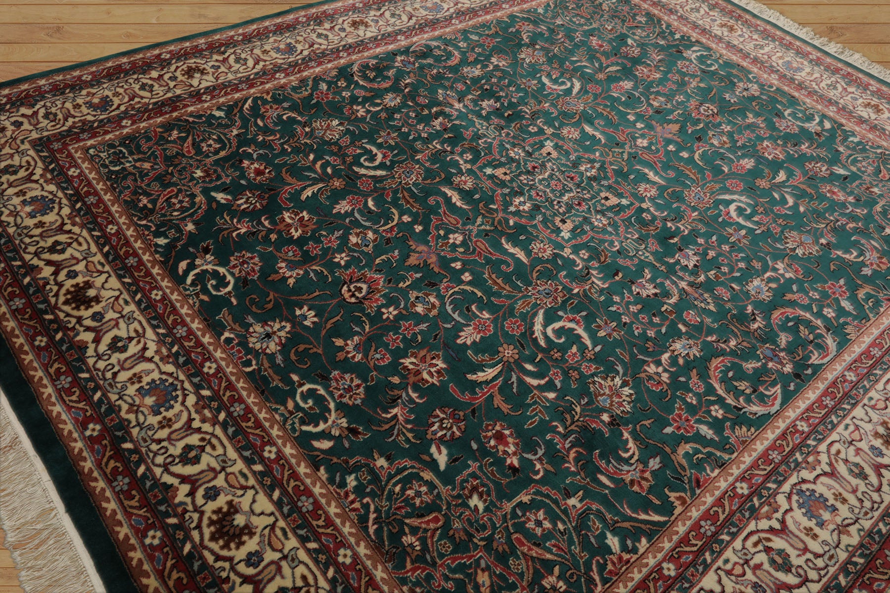 8x10 Emerald, Ivory, Rose Color Hand Knotted Kashan Wool Traditional  Oriental Rug