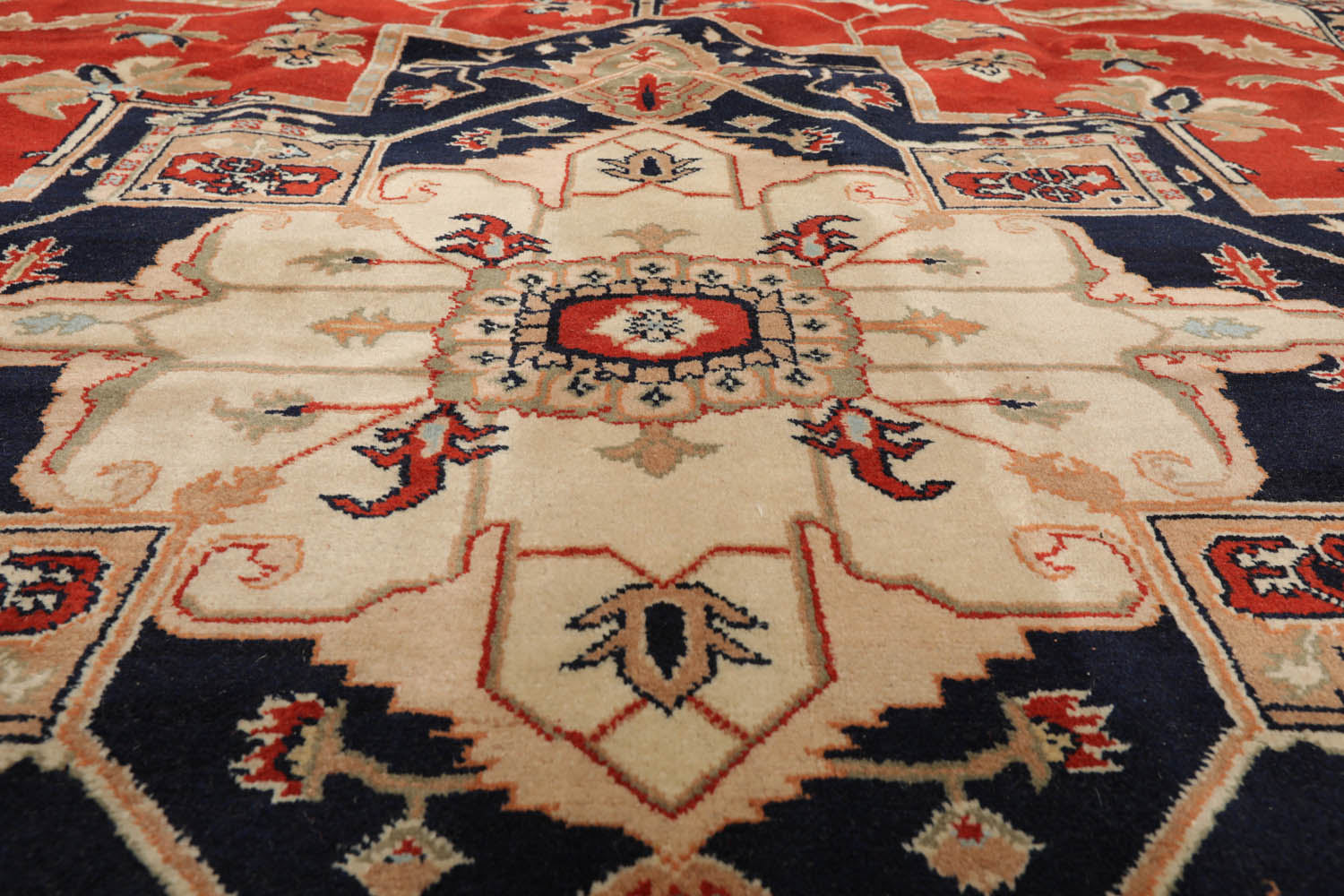 9x12 Burnt Orange, Beige, Navy Color Hand Knotted All-Over 100% Wool Traditional Oriental Rug