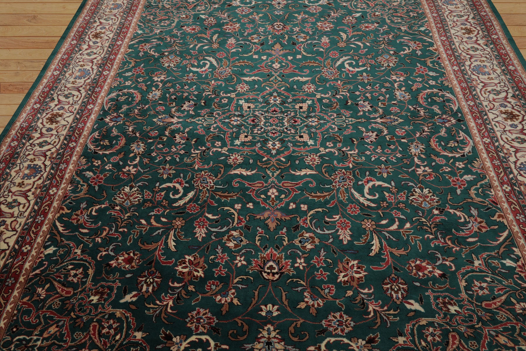8x10 Emerald, Ivory, Rose Color Hand Knotted Kashan Wool Traditional  Oriental Rug