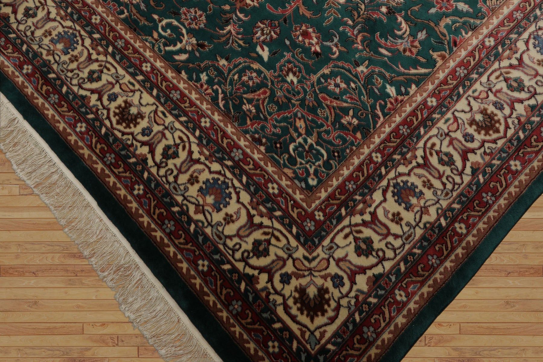 8x10 Emerald, Ivory, Rose Color Hand Knotted Kashan Wool Traditional  Oriental Rug