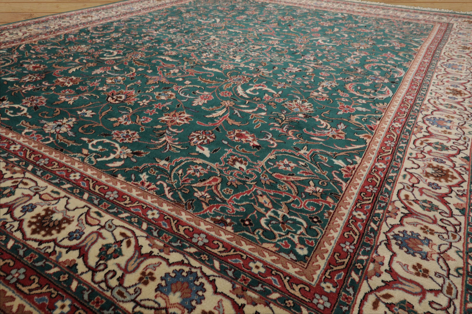 8x10 Emerald, Ivory, Rose Color Hand Knotted Kashan Wool Traditional  Oriental Rug