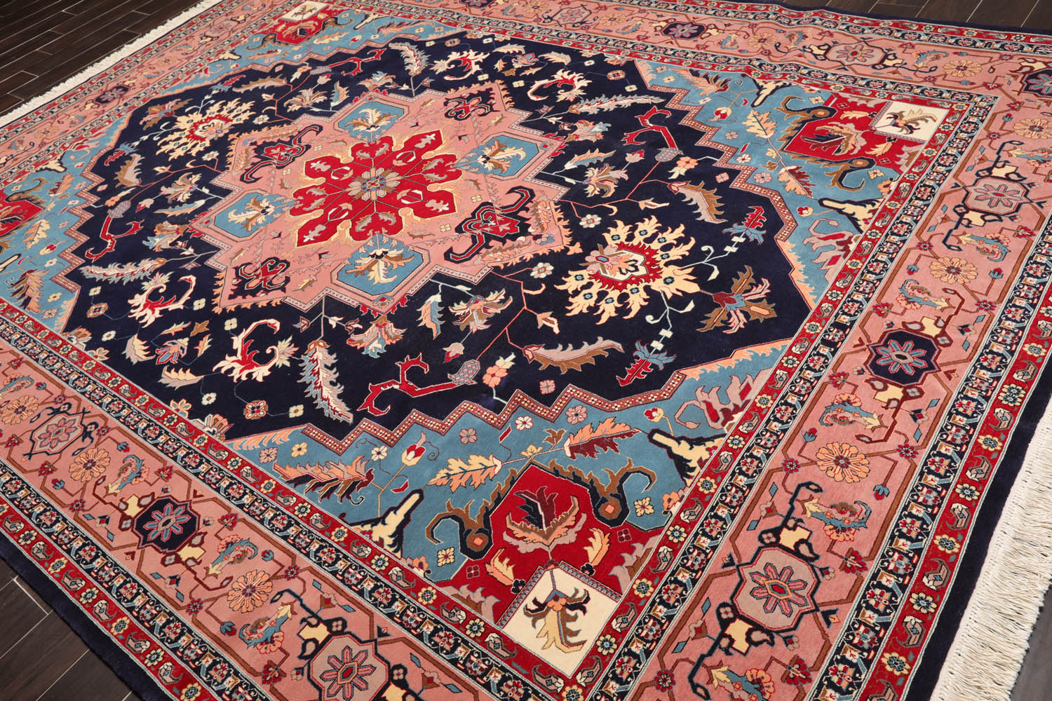 9x12 Navy, Rose, Blue Color Hand Knotted All-Over 100% Wool Traditional Oriental Rug