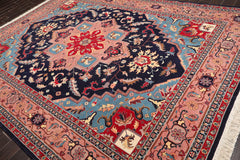 9x12 Navy, Rose, Blue Color Hand Knotted All-Over 100% Wool Traditional Oriental Rug