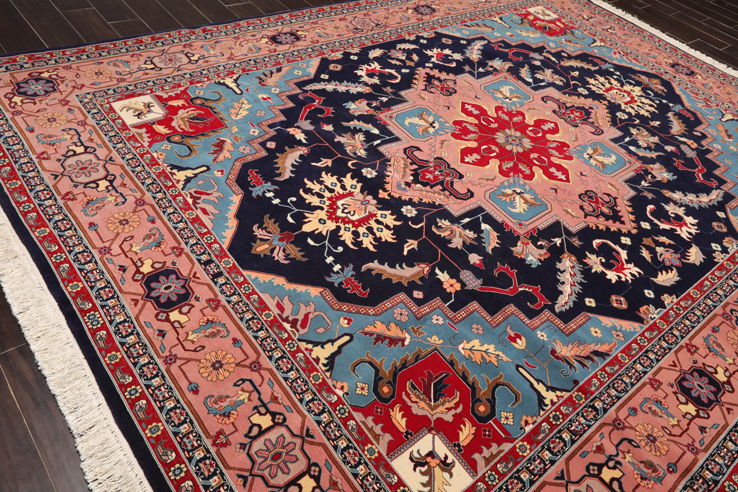 9x12 Navy, Rose, Blue Color Hand Knotted All-Over 100% Wool Traditional Oriental Rug