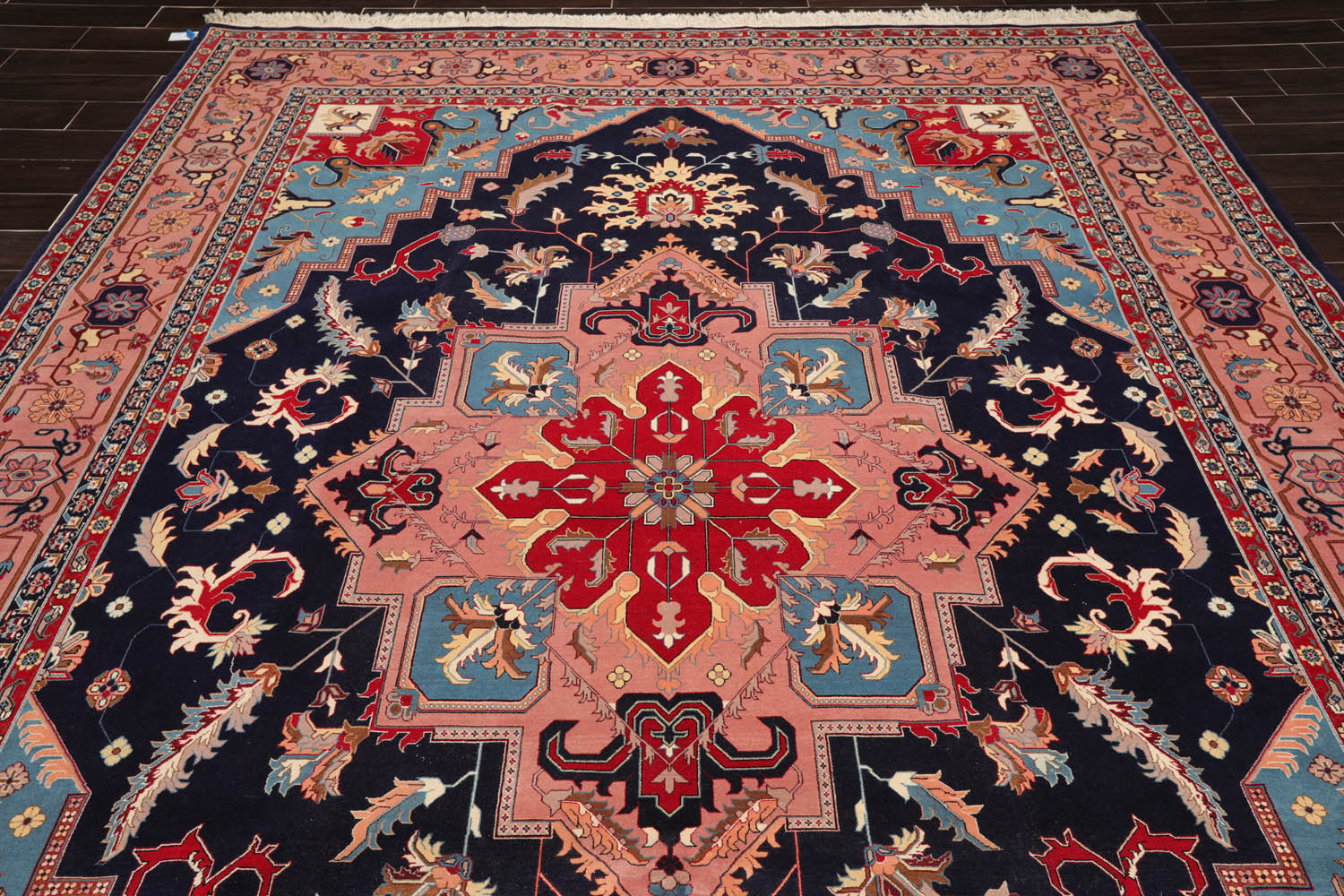 9x12 Navy, Rose, Blue Color Hand Knotted All-Over 100% Wool Traditional Oriental Rug