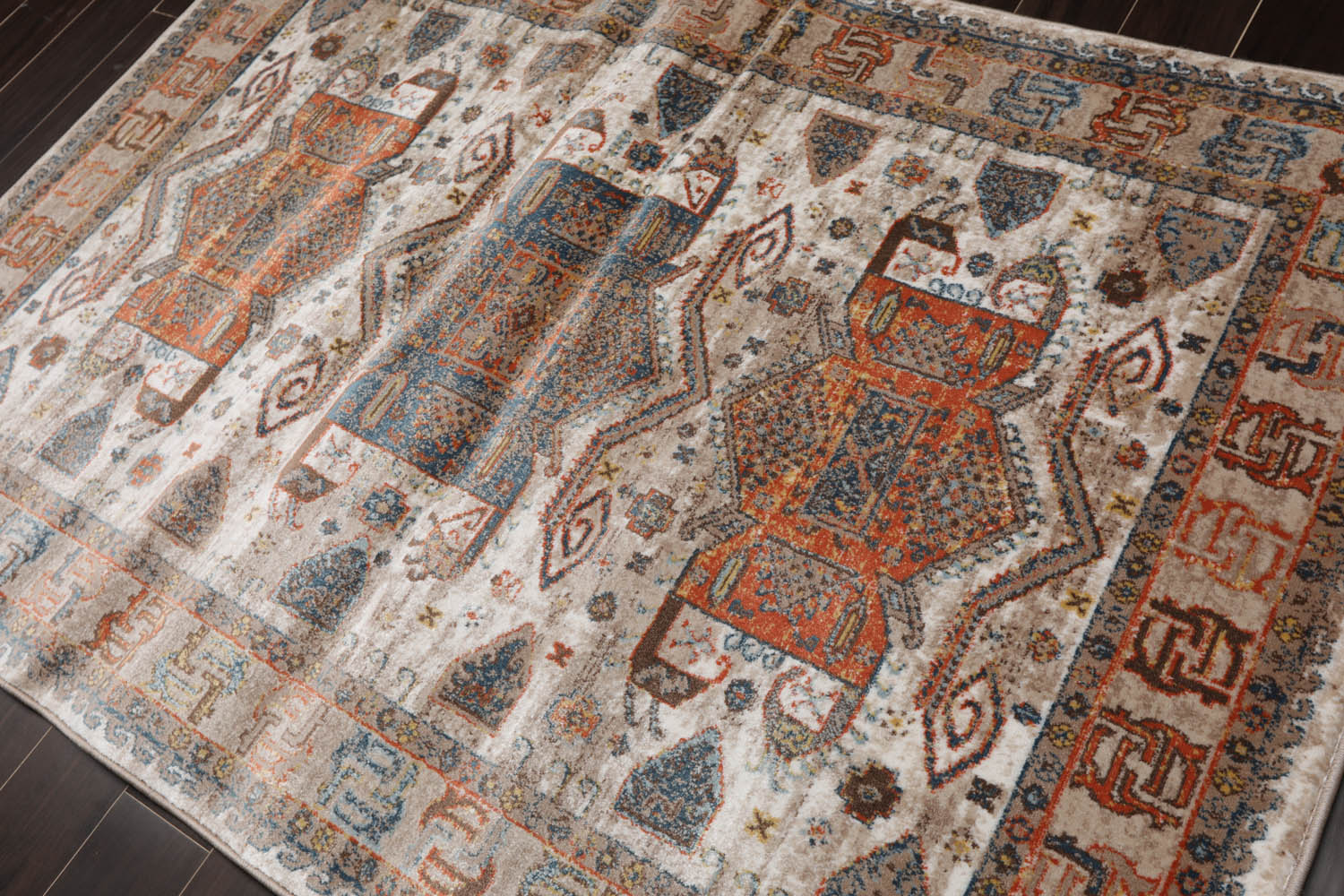 5x7 Beige, Tan, Teal Color Machine Made All-Over 100% Polypropylene Transitional Oriental Rug