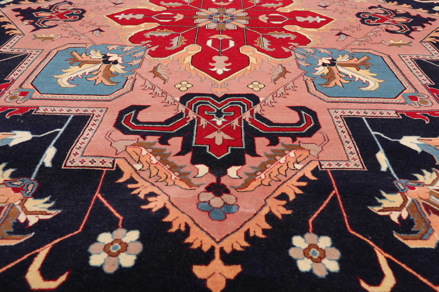 9x12 Navy, Rose, Blue Color Hand Knotted All-Over 100% Wool Traditional Oriental Rug