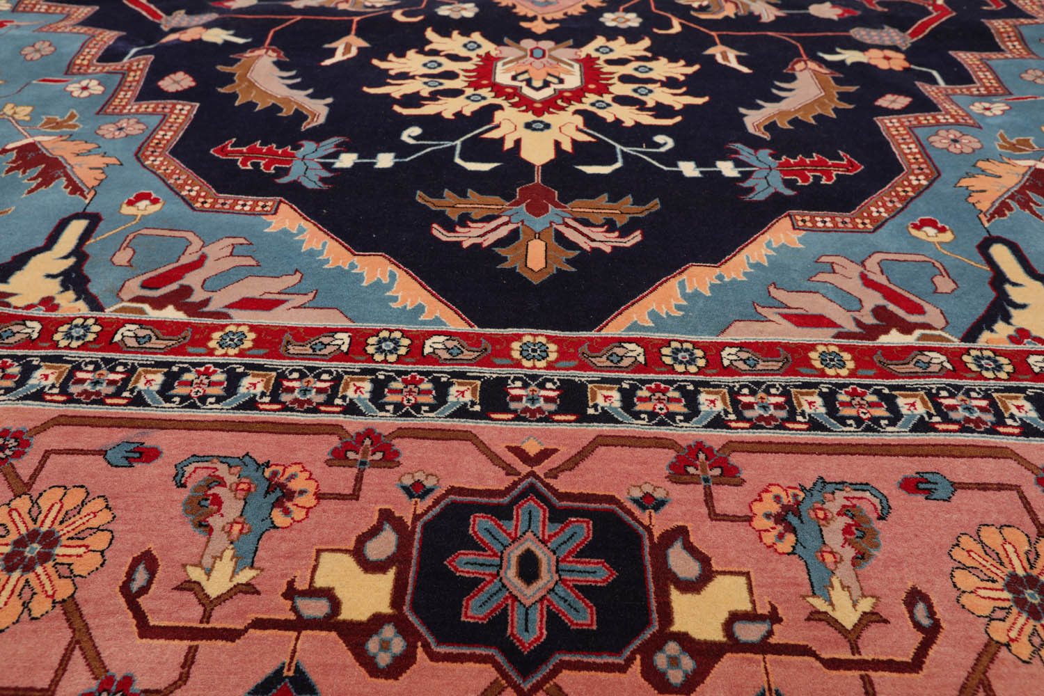 9x12 Navy, Rose, Blue Color Hand Knotted All-Over 100% Wool Traditional Oriental Rug