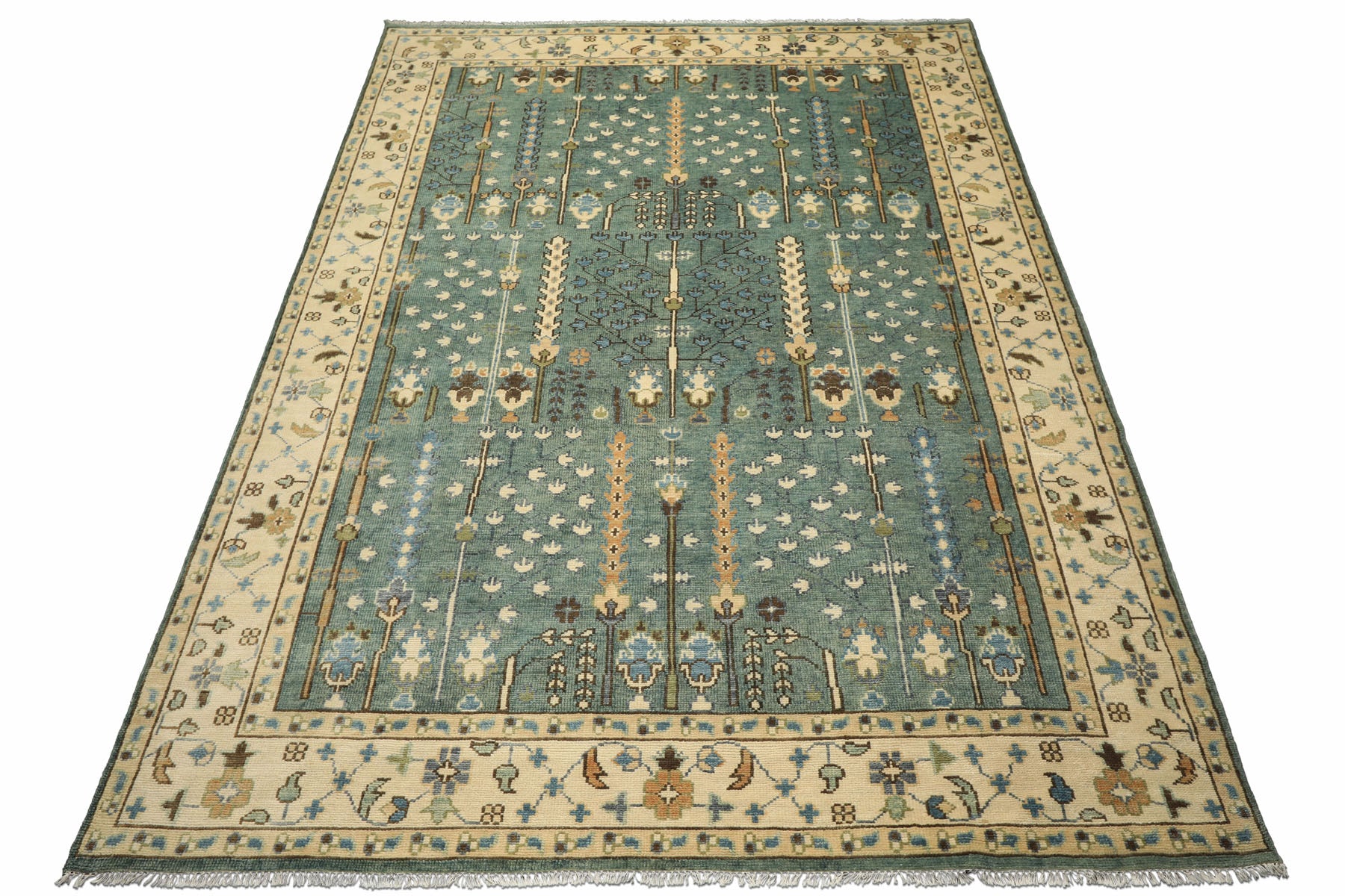 10x14 Celadon, Ivory, Brown Color Hand Knotted Oushak Wool Traditional Oriental Rug