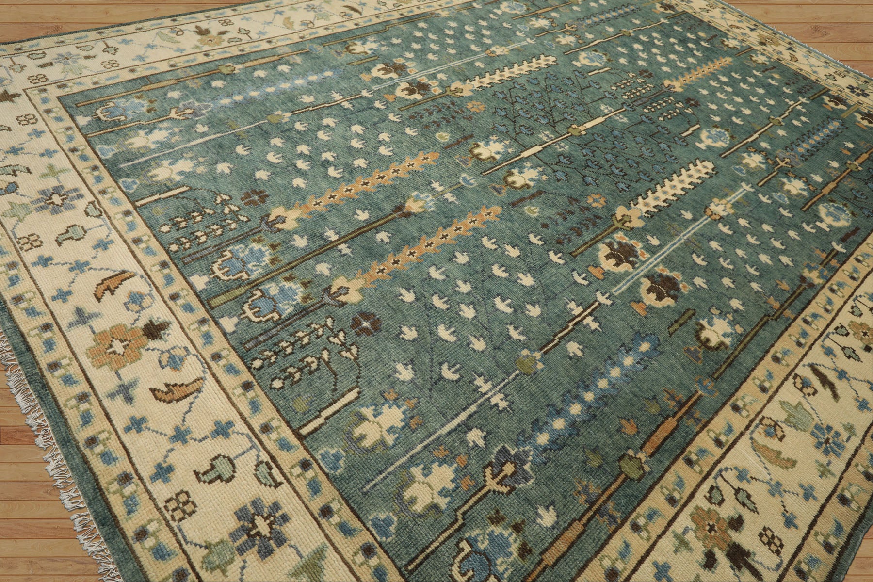 10x14 Celadon, Ivory, Brown Color Hand Knotted Oushak Wool Traditional Oriental Rug