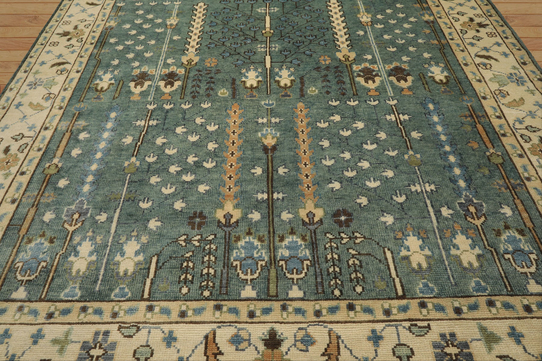 10x14 Celadon, Ivory, Brown Color Hand Knotted Oushak Wool Traditional Oriental Rug