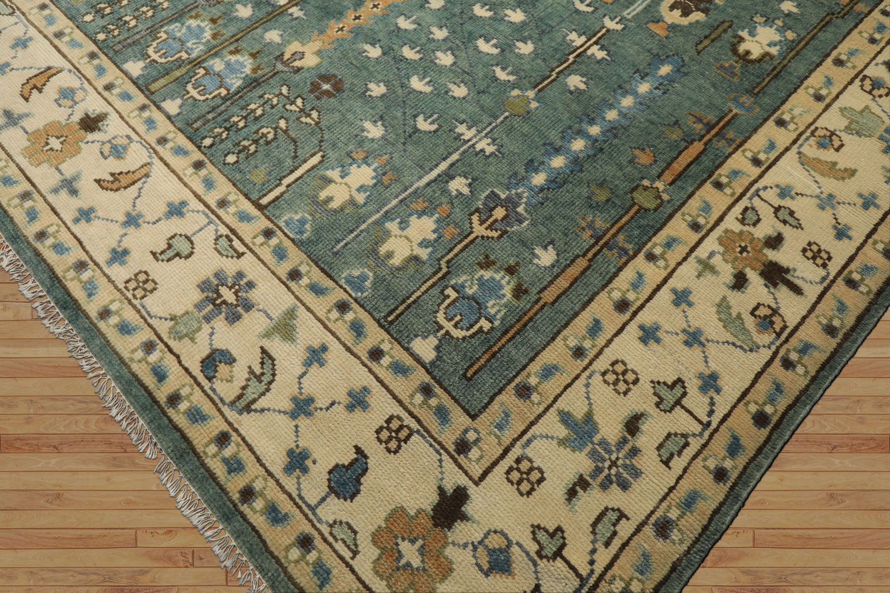 10x14 Celadon, Ivory, Brown Color Hand Knotted Oushak Wool Traditional Oriental Rug