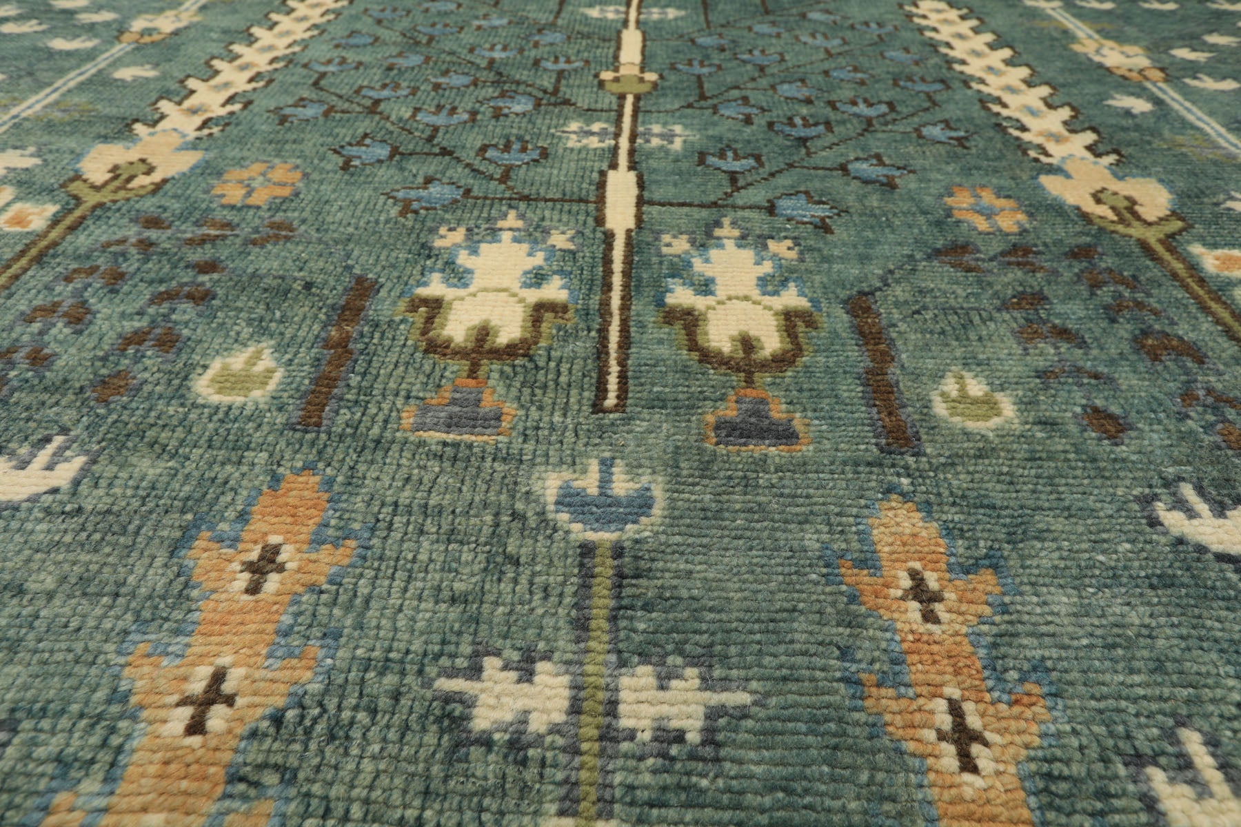 10x14 Celadon, Ivory, Brown Color Hand Knotted Oushak Wool Traditional Oriental Rug