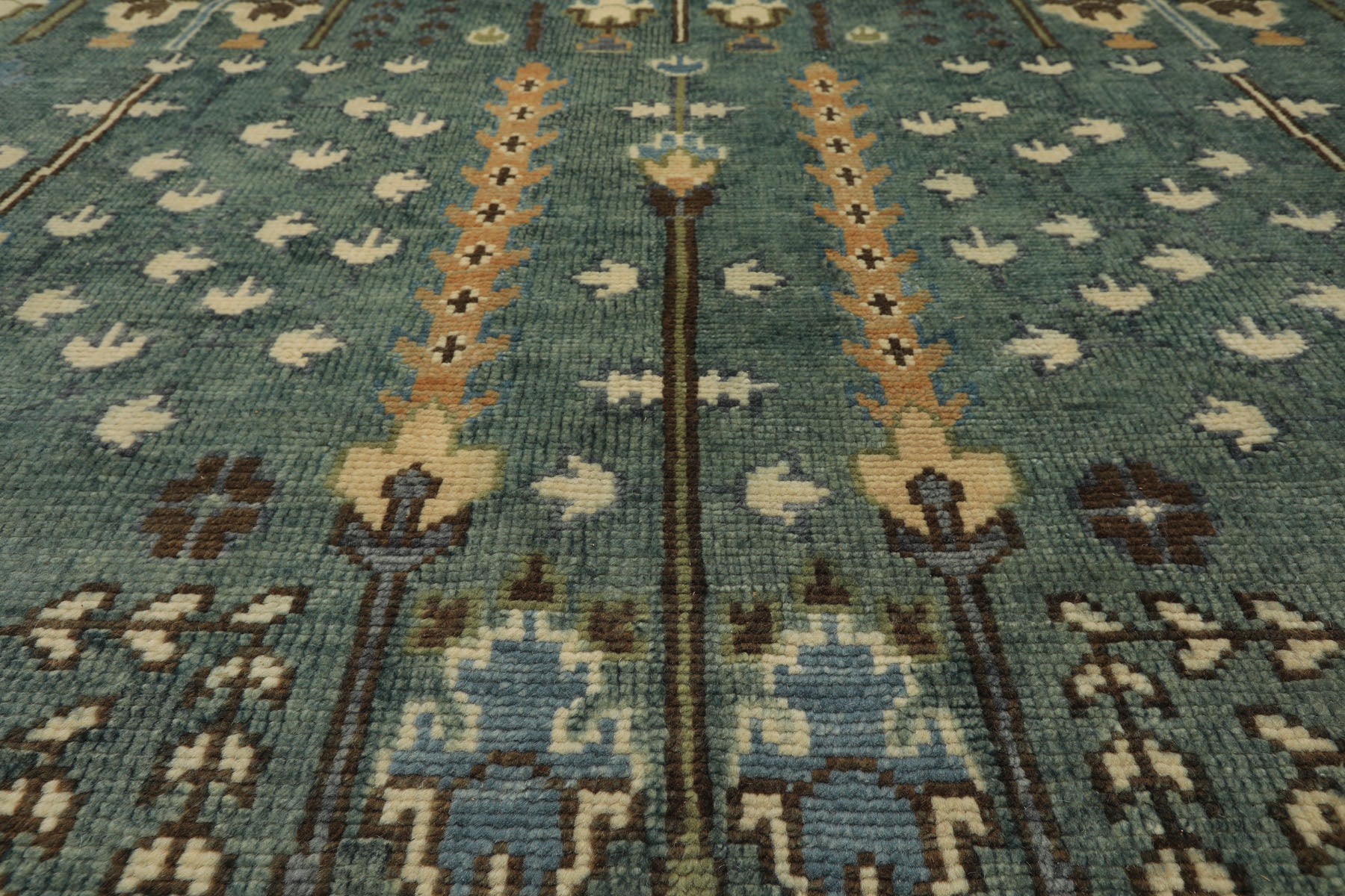 10x14 Celadon, Ivory, Brown Color Hand Knotted Oushak Wool Traditional Oriental Rug