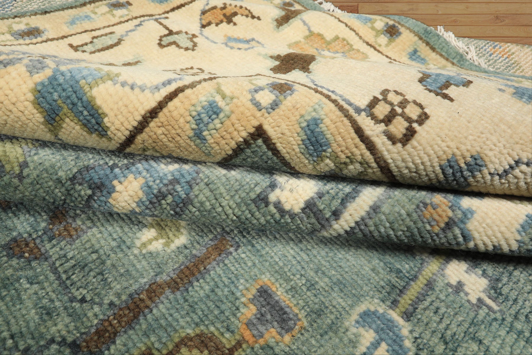 10x14 Celadon, Ivory, Brown Color Hand Knotted Oushak Wool Traditional Oriental Rug