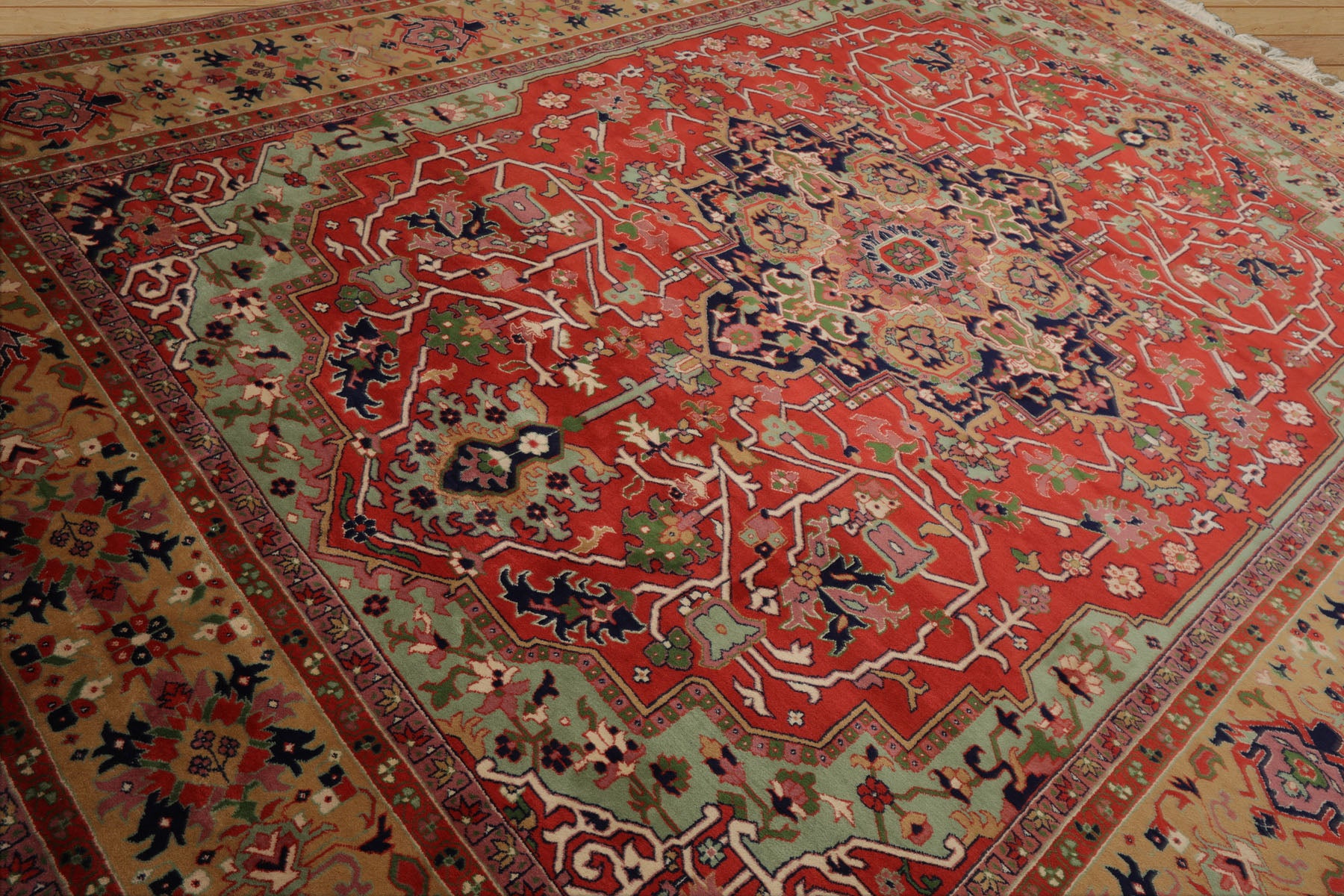 9x12 Coral, Tan, Navy Color Hand Knotted Heriz New Zealand Wool Traditional  Oriental Rug