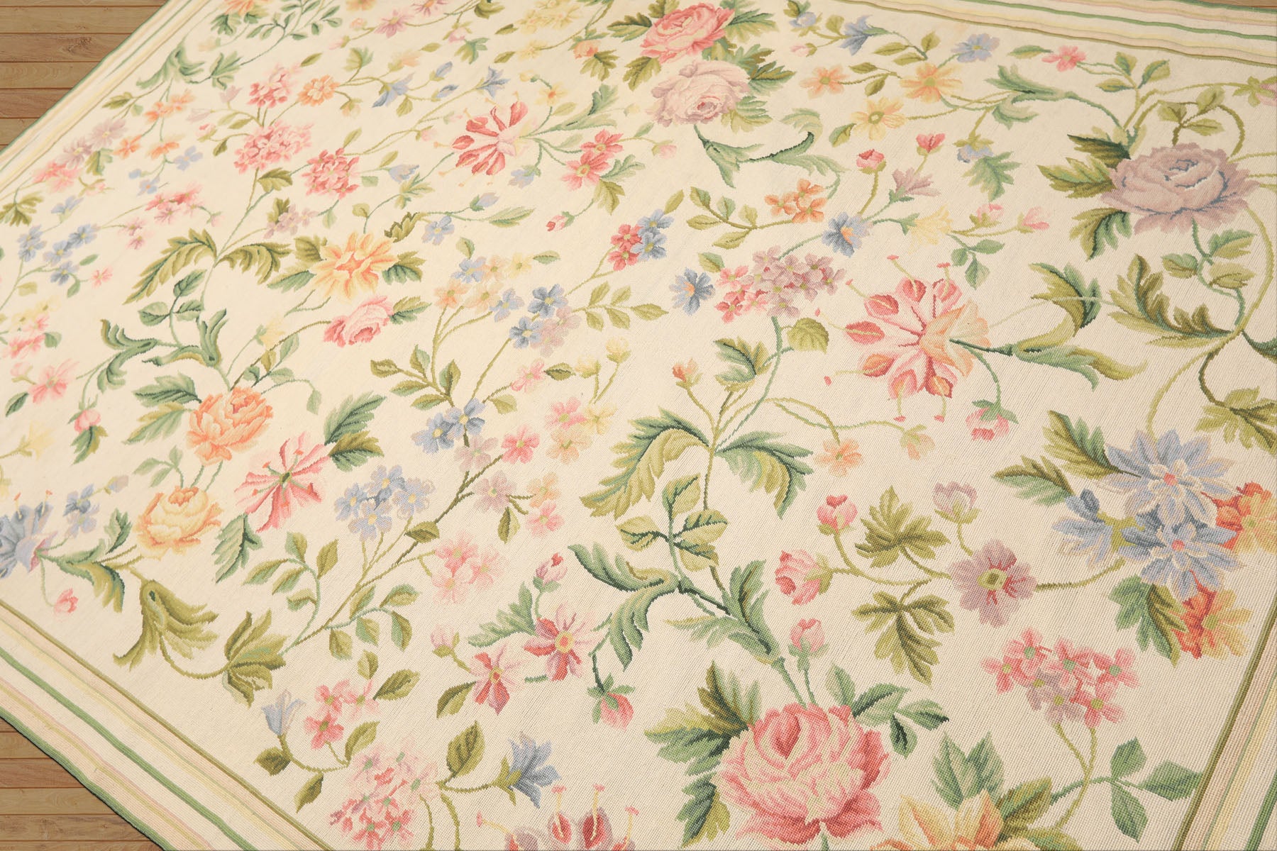 6x9 Ivory, Lime, Blue Color Hand Woven French Needlepoint Aubusson Wool Traditional Oriental Rug