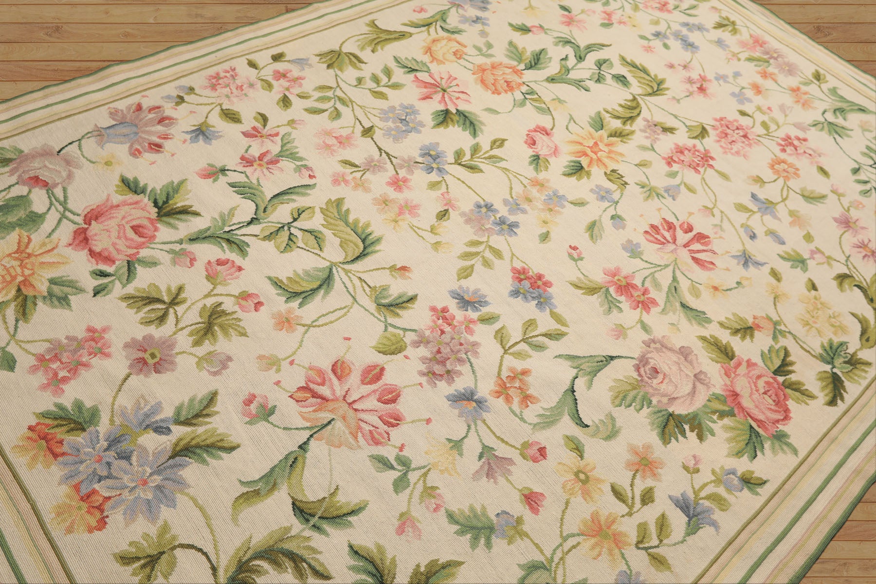 6x9 Ivory, Lime, Blue Color Hand Woven French Needlepoint Aubusson Wool Traditional Oriental Rug