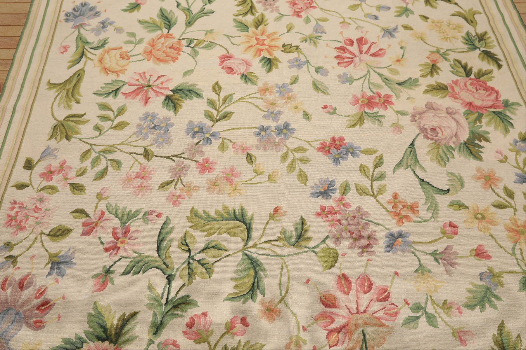 6x9 Ivory, Lime, Blue Color Hand Woven French Needlepoint Aubusson Wool Traditional Oriental Rug