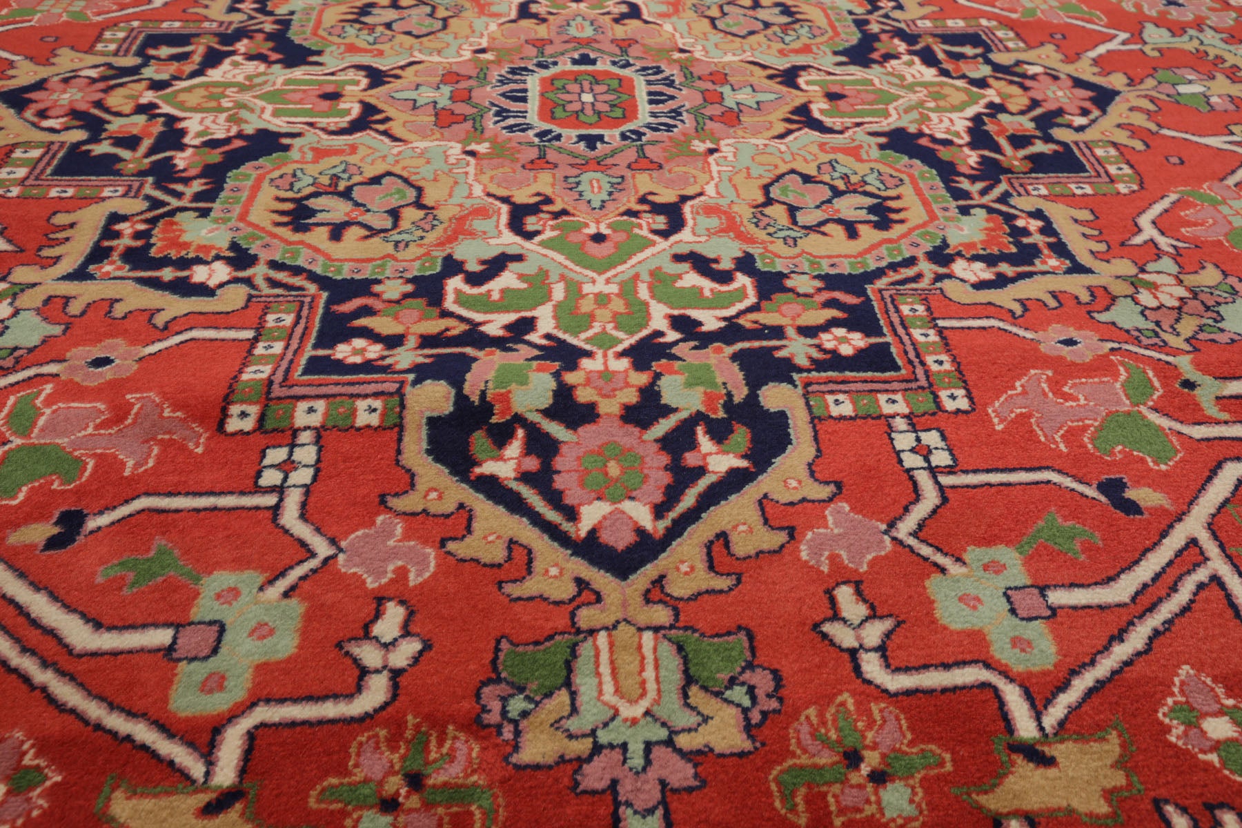 9x12 Coral, Tan, Navy Color Hand Knotted Heriz New Zealand Wool Traditional  Oriental Rug