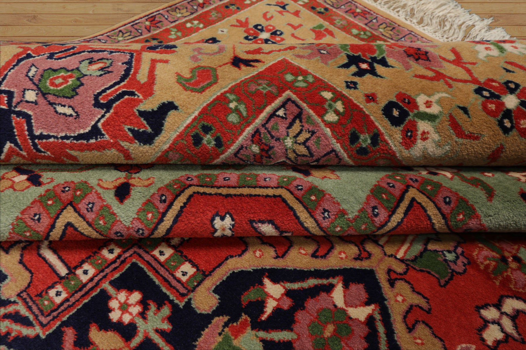 9x12 Coral, Tan, Navy Color Hand Knotted Heriz New Zealand Wool Traditional  Oriental Rug
