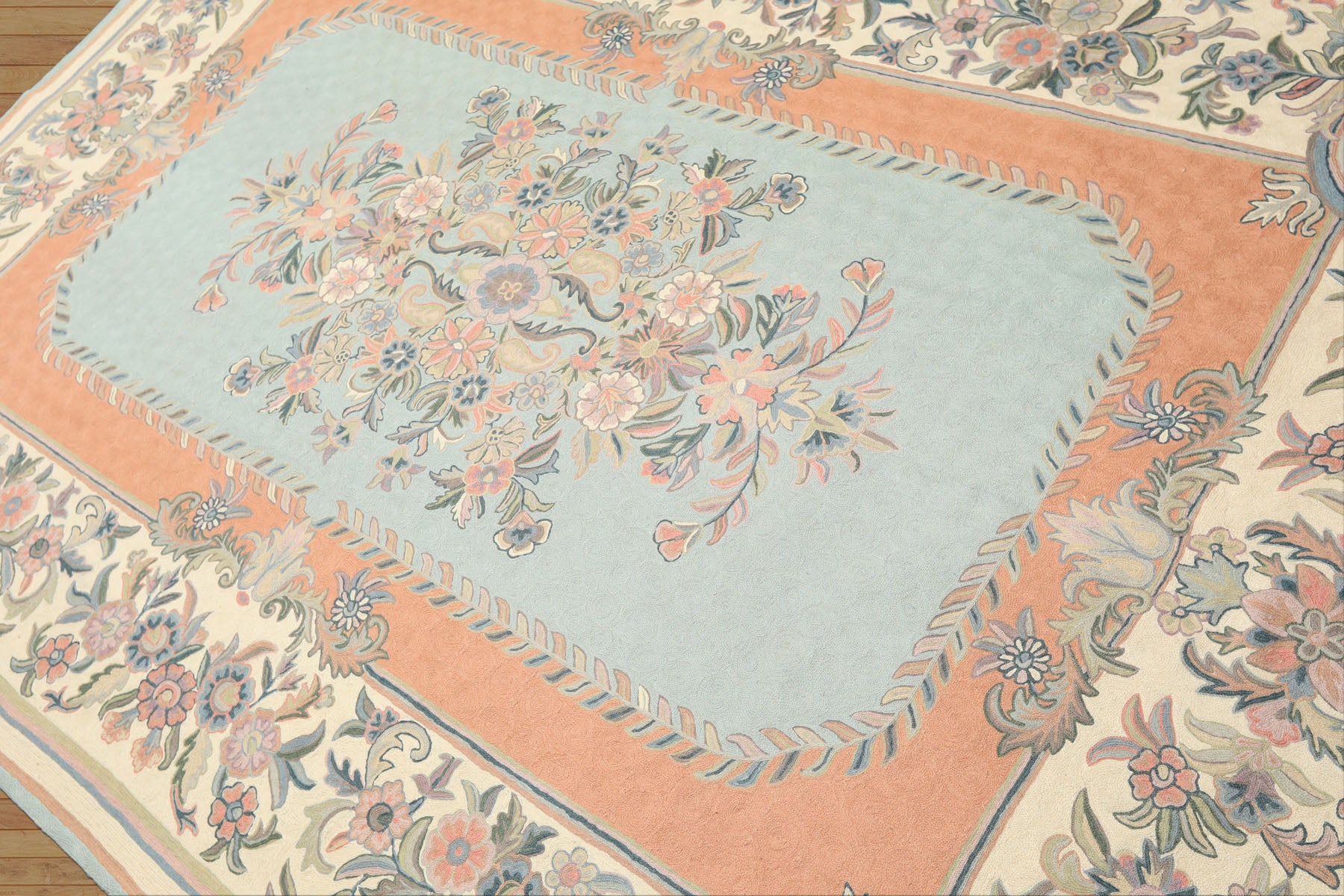 6x9 Aqua, Blush, Ivory Color Hand Woven Chainstitch Wool Traditional Oriental Rug