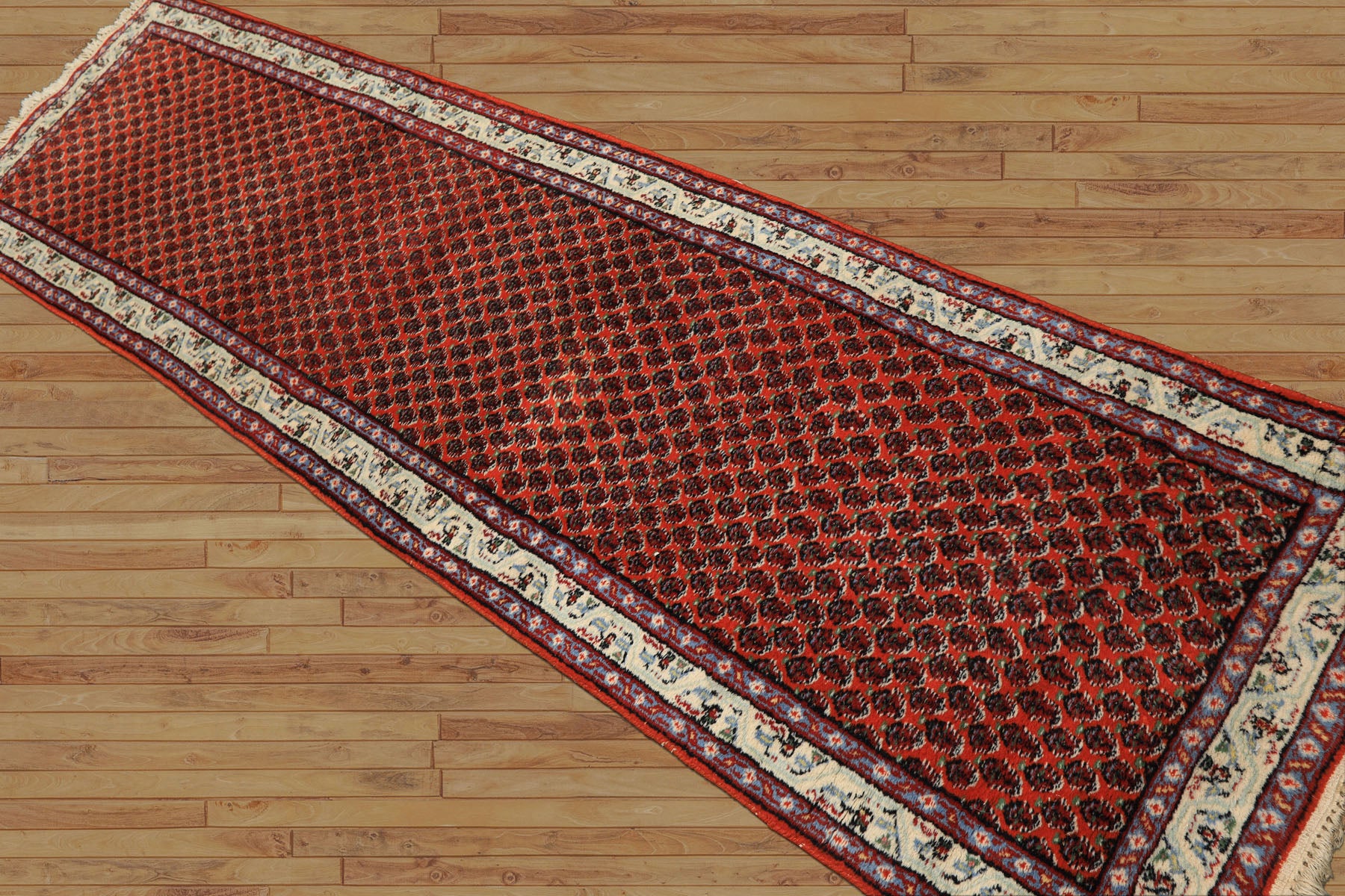 Runner Orange, Ivory, Celadon Color Hand Knotted Boteh Wool Traditional Oriental Rug