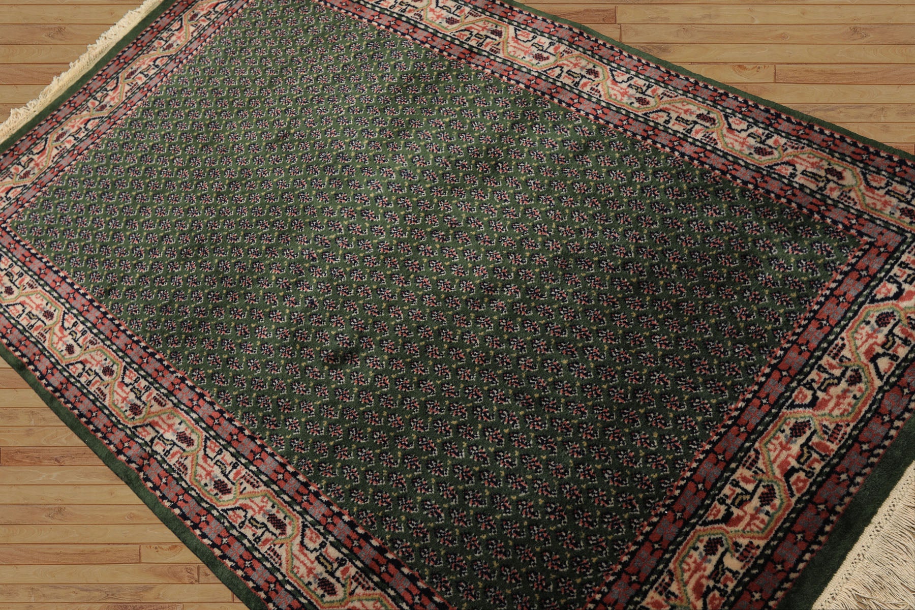 4x6 Green, Ivory, Blue Color Hand Knotted Boteh Wool Traditional Oriental Rug