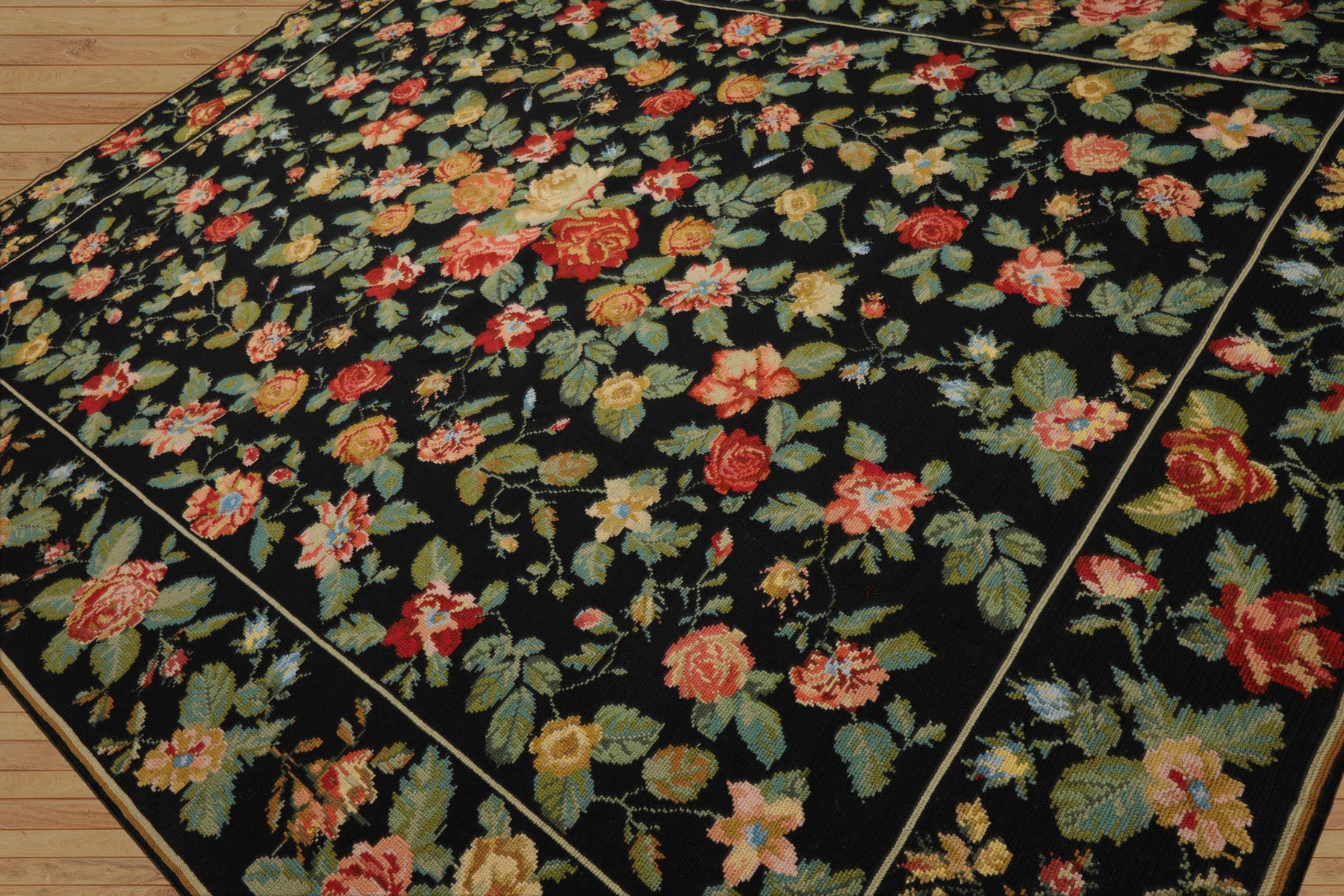9x12 Black, Green, Orange Color Hand Woven Portugese Needlepoint Wool Traditional Oriental Rug