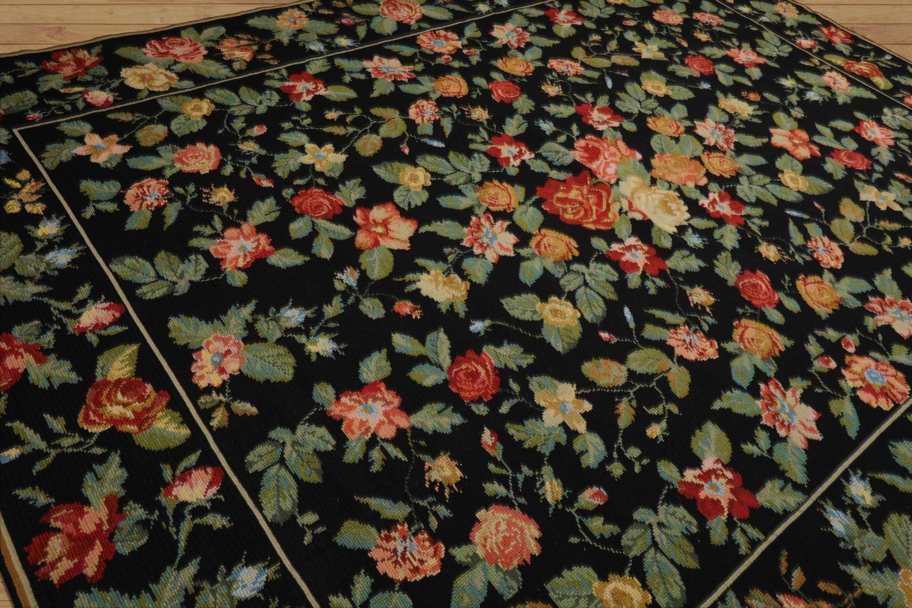 9x12 Black, Green, Orange Color Hand Woven Portugese Needlepoint Wool Traditional Oriental Rug