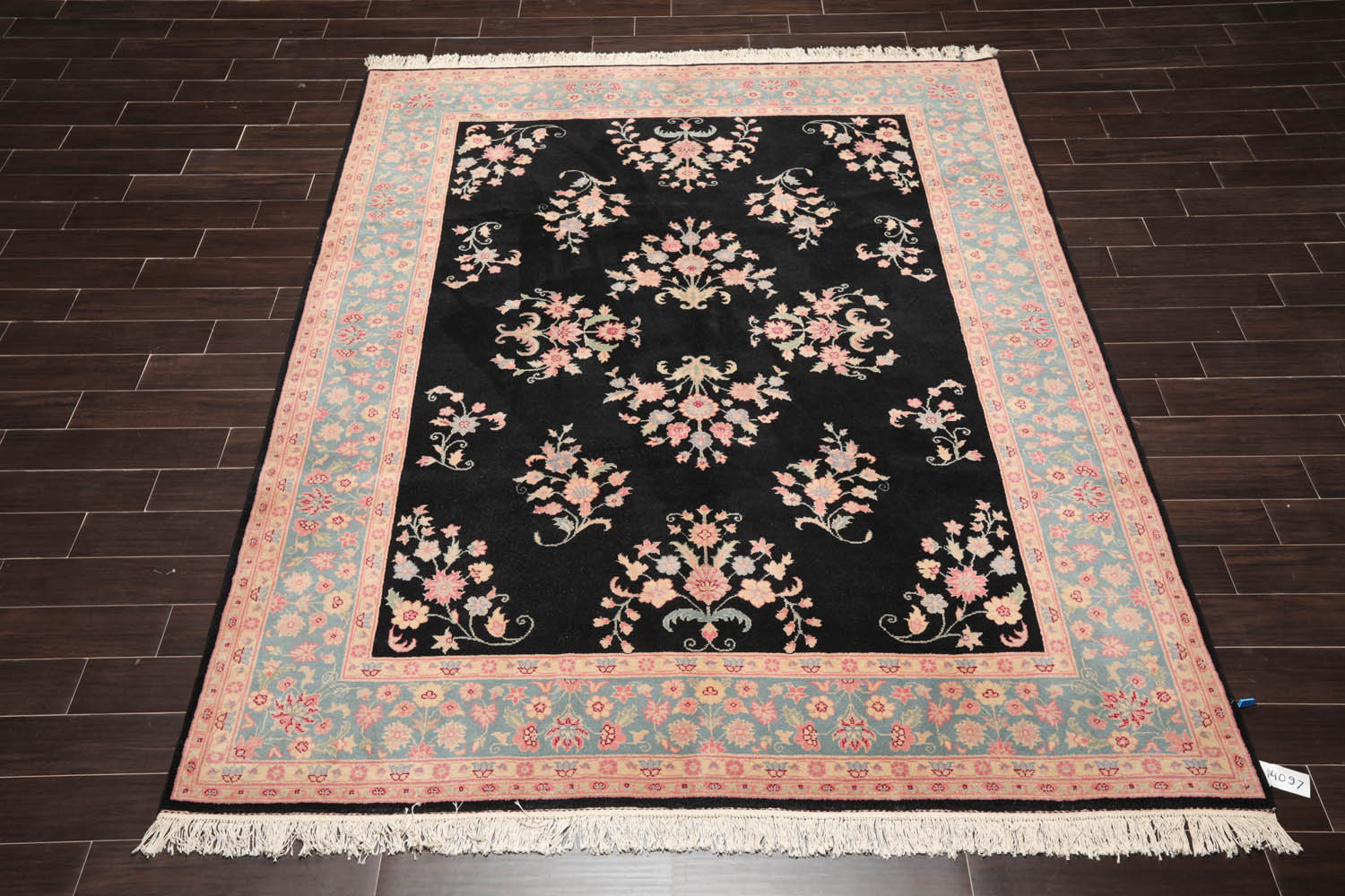 8x10 Black, Turquoise, Pink Color Hand Knotted All-Over 100% Wool Traditional Oriental Rug