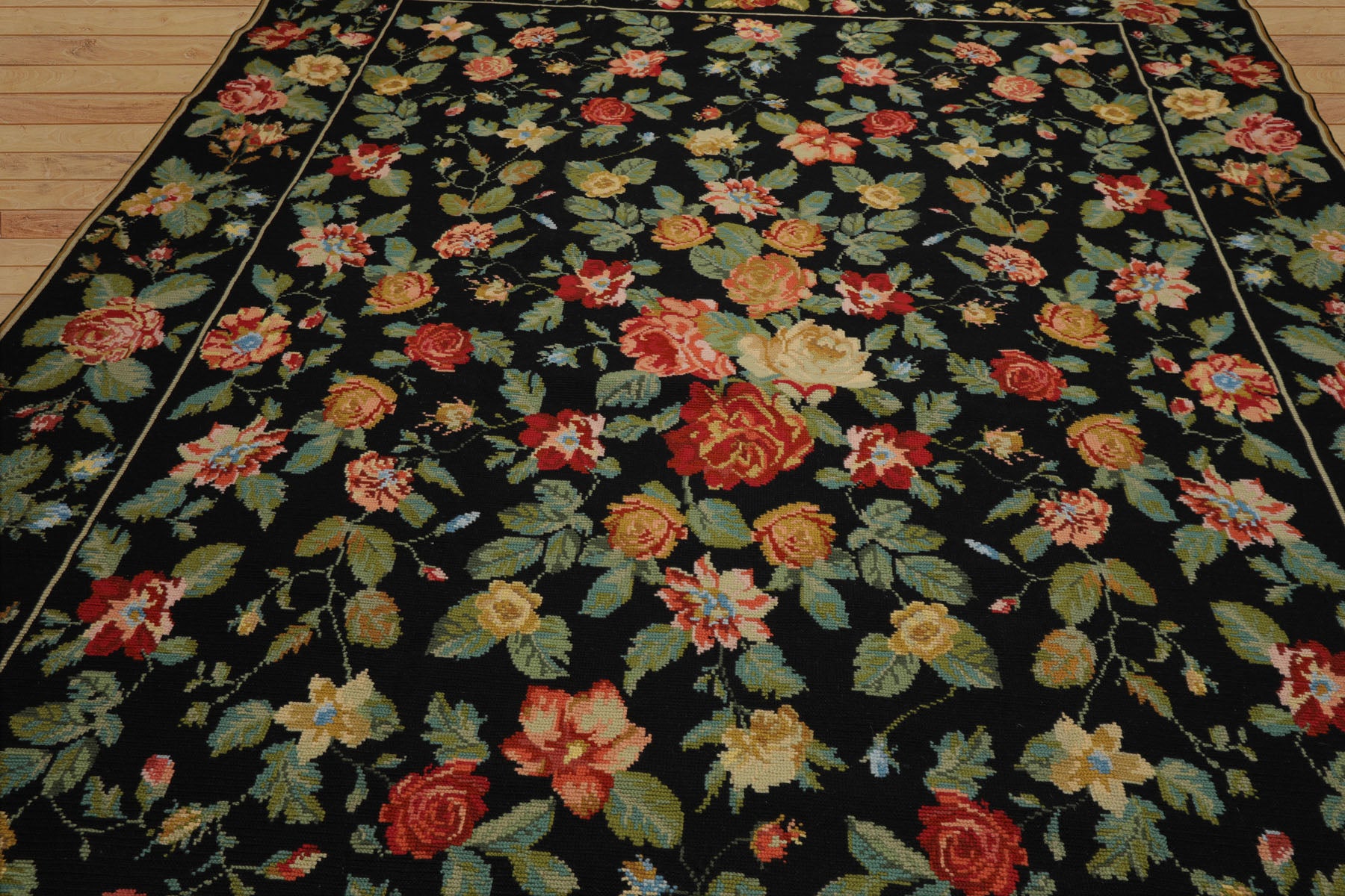 9x12 Black, Green, Orange Color Hand Woven Portugese Needlepoint Wool Traditional Oriental Rug