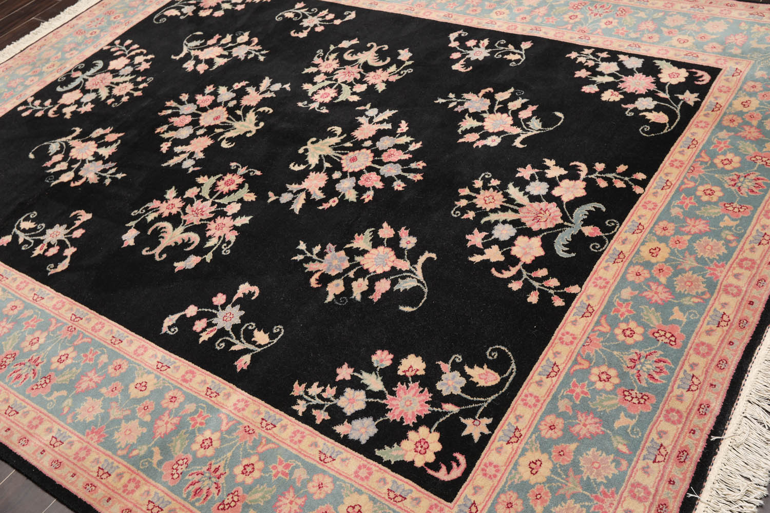 8x10 Black, Turquoise, Pink Color Hand Knotted All-Over 100% Wool Traditional Oriental Rug