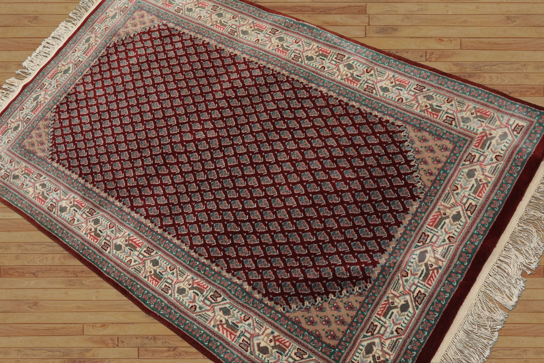 3x5 Maroon, Ivory, Aqua Color Hand Knotted Boteh Wool Traditional Oriental Rug