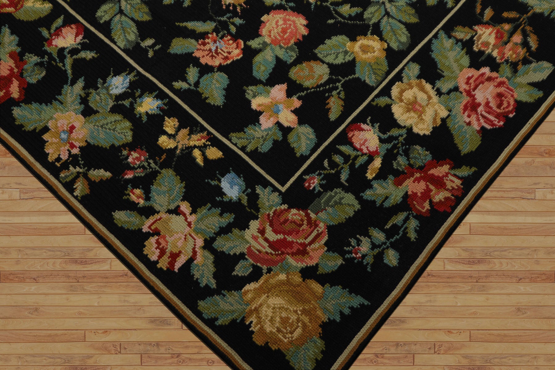 9x12 Black, Green, Orange Color Hand Woven Portugese Needlepoint Wool Traditional Oriental Rug