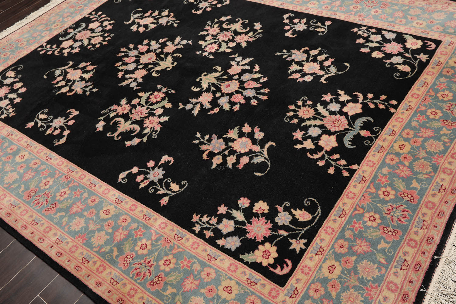 8x10 Black, Turquoise, Pink Color Hand Knotted All-Over 100% Wool Traditional Oriental Rug