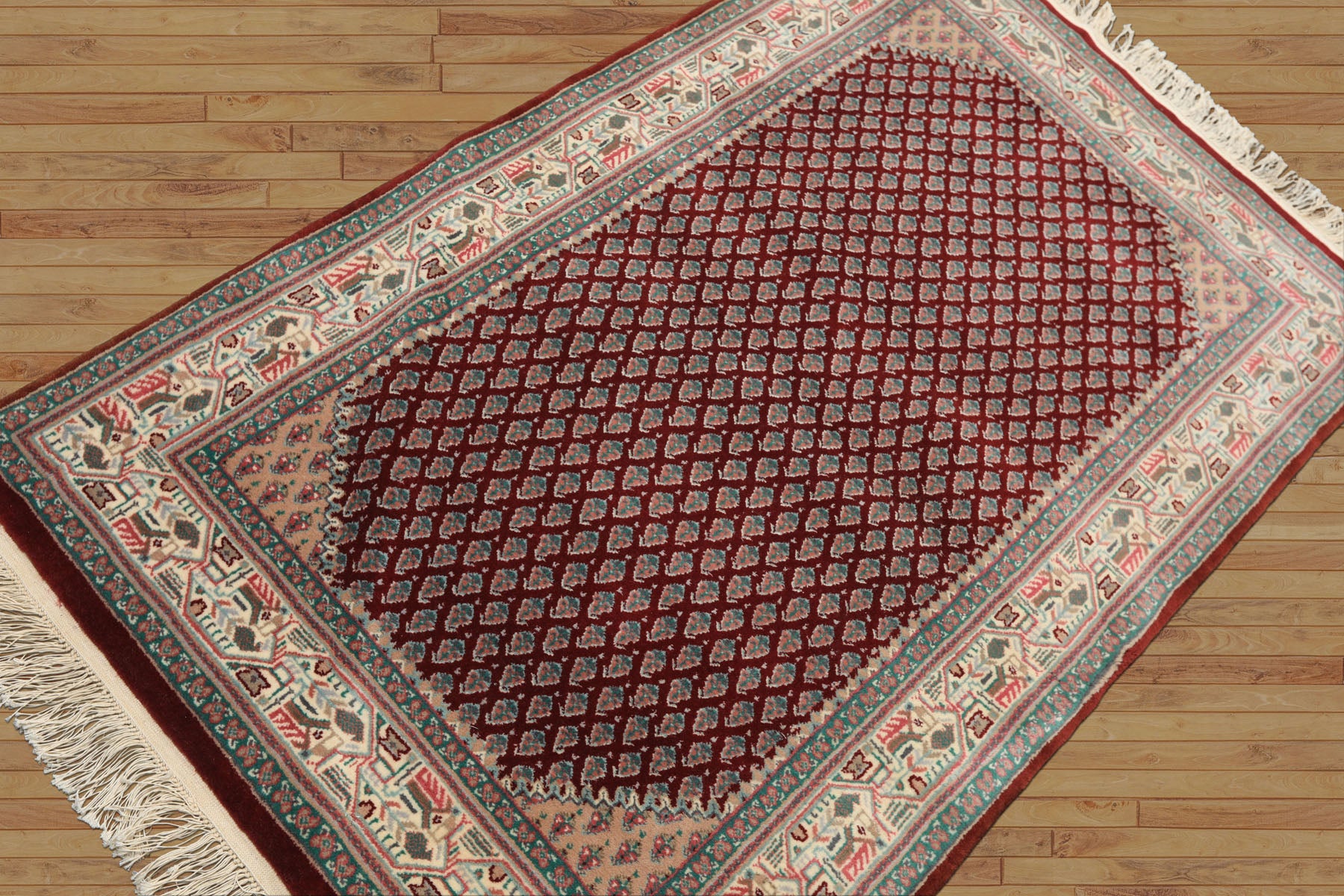 3x5 Maroon, Ivory, Aqua Color Hand Knotted Boteh Wool Traditional Oriental Rug