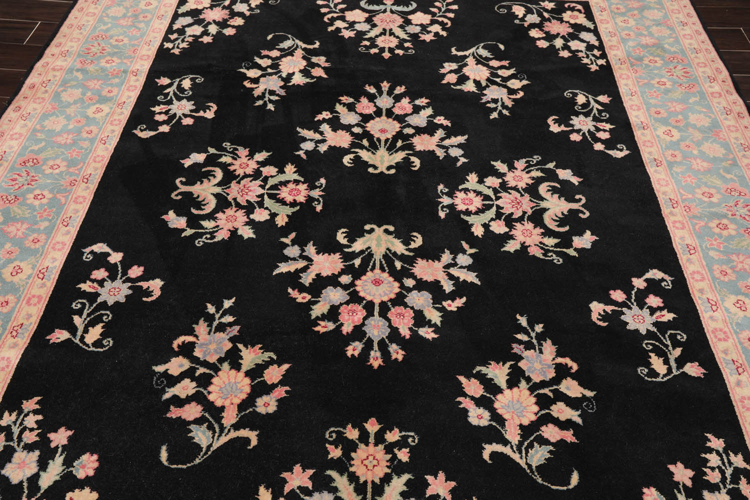 8x10 Black, Turquoise, Pink Color Hand Knotted All-Over 100% Wool Traditional Oriental Rug