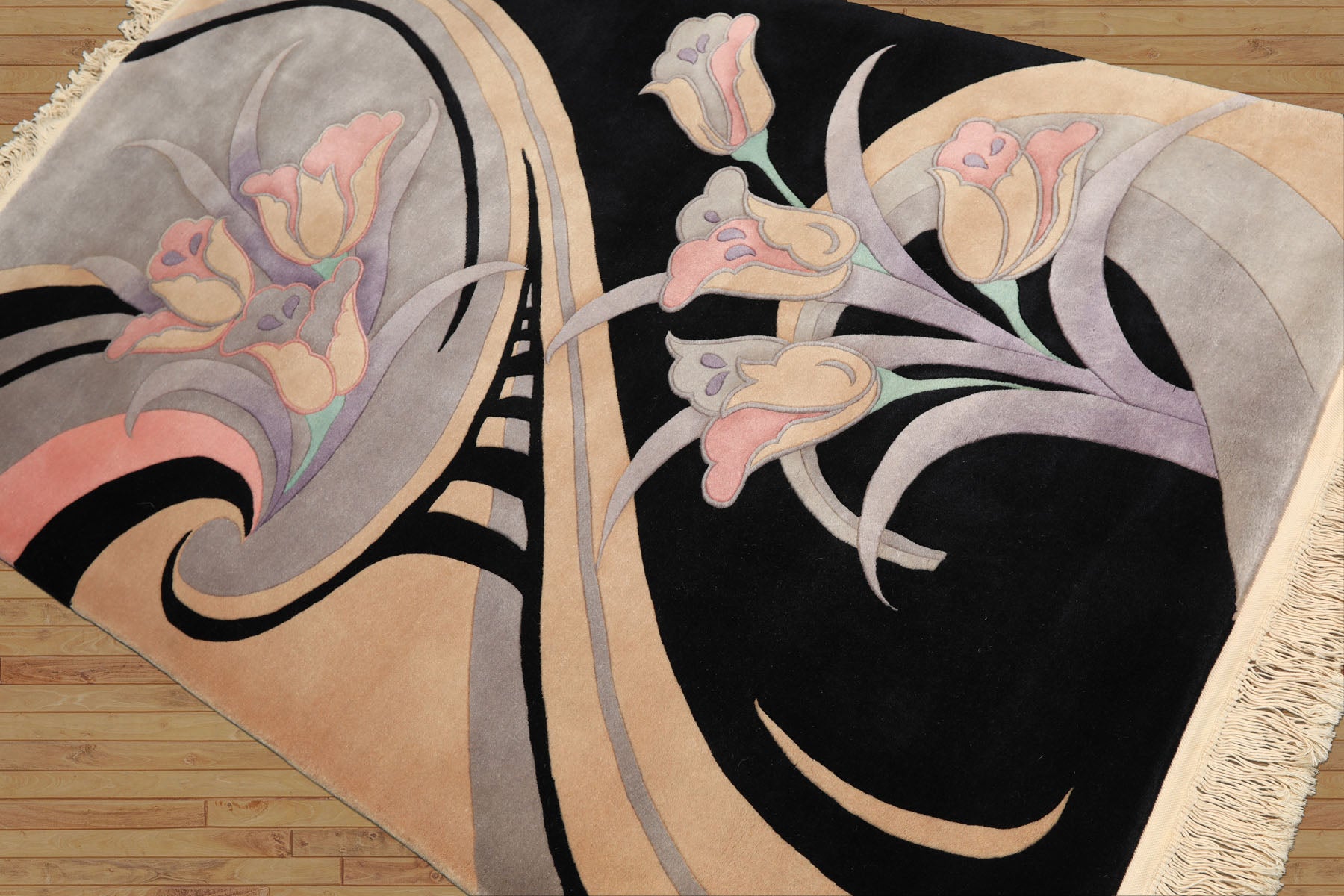 4x6 Black, Beige, Lavender Color Hand Knotted Chinese Art Deco Wool Transitional Oriental Rug