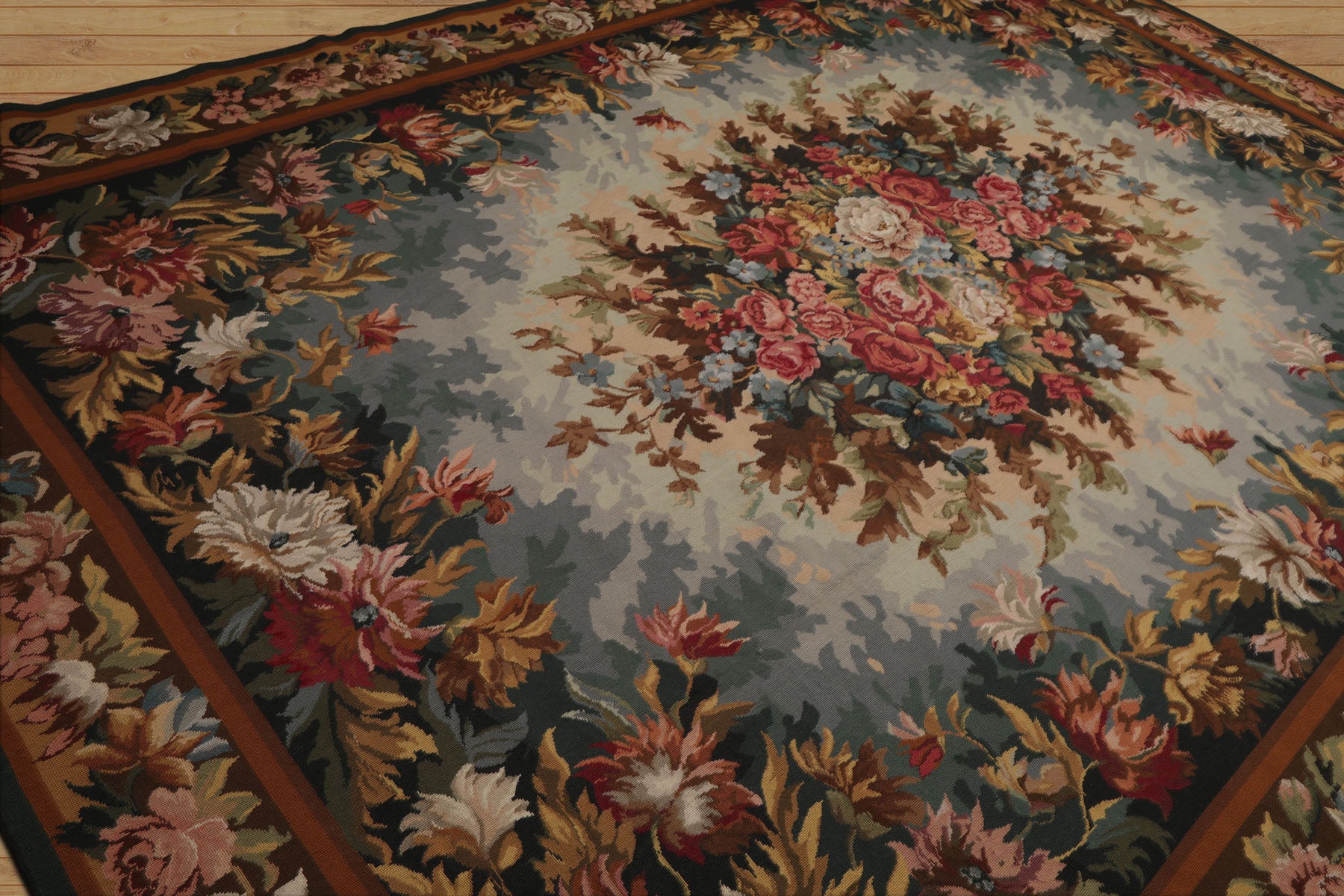 9x12 Teal, Aqua, Ivory Color Hand Woven Aubusson Needlepoint  Wool Traditional Oriental Rug