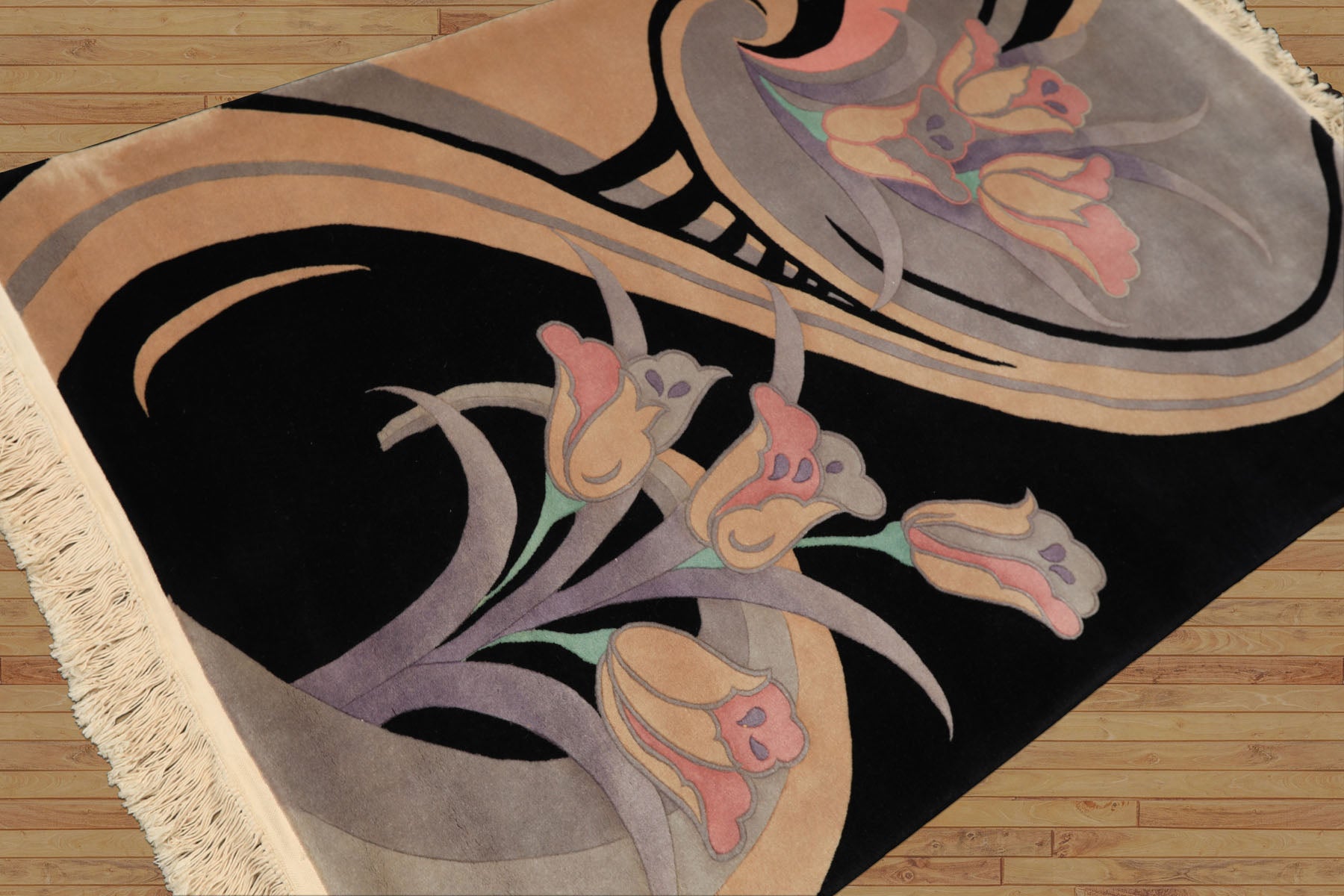 4x6 Black, Beige, Lavender Color Hand Knotted Chinese Art Deco Wool Transitional Oriental Rug