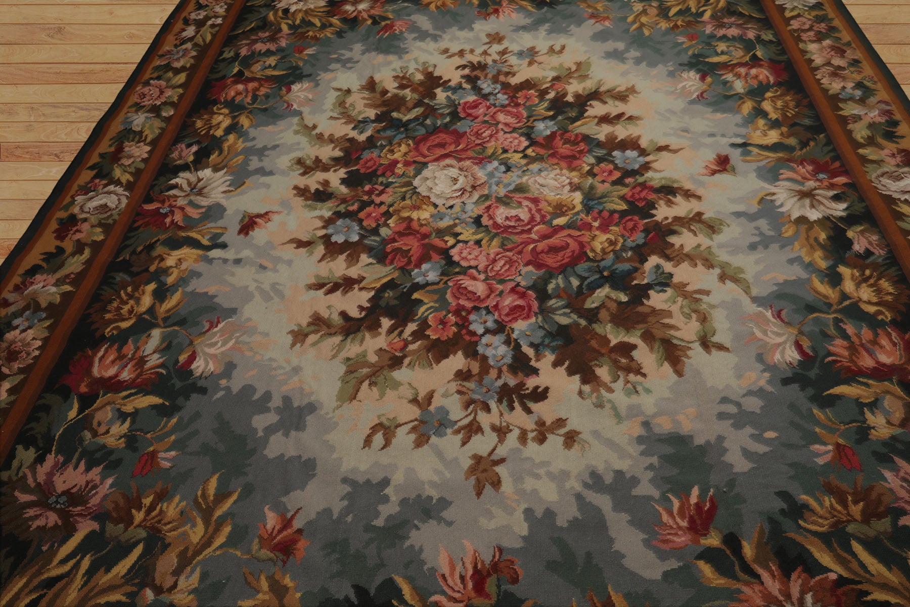 9x12 Teal, Aqua, Ivory Color Hand Woven Aubusson Needlepoint  Wool Traditional Oriental Rug