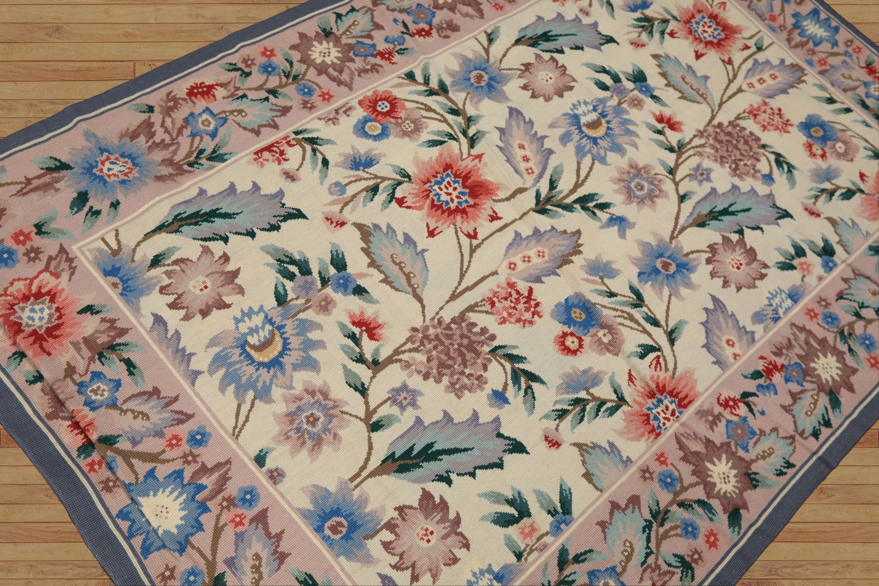 4x6 Ivory, Blush, Blue Color Hand Knotted French Needlepoint Aubusson Wool Traditional Oriental Rug