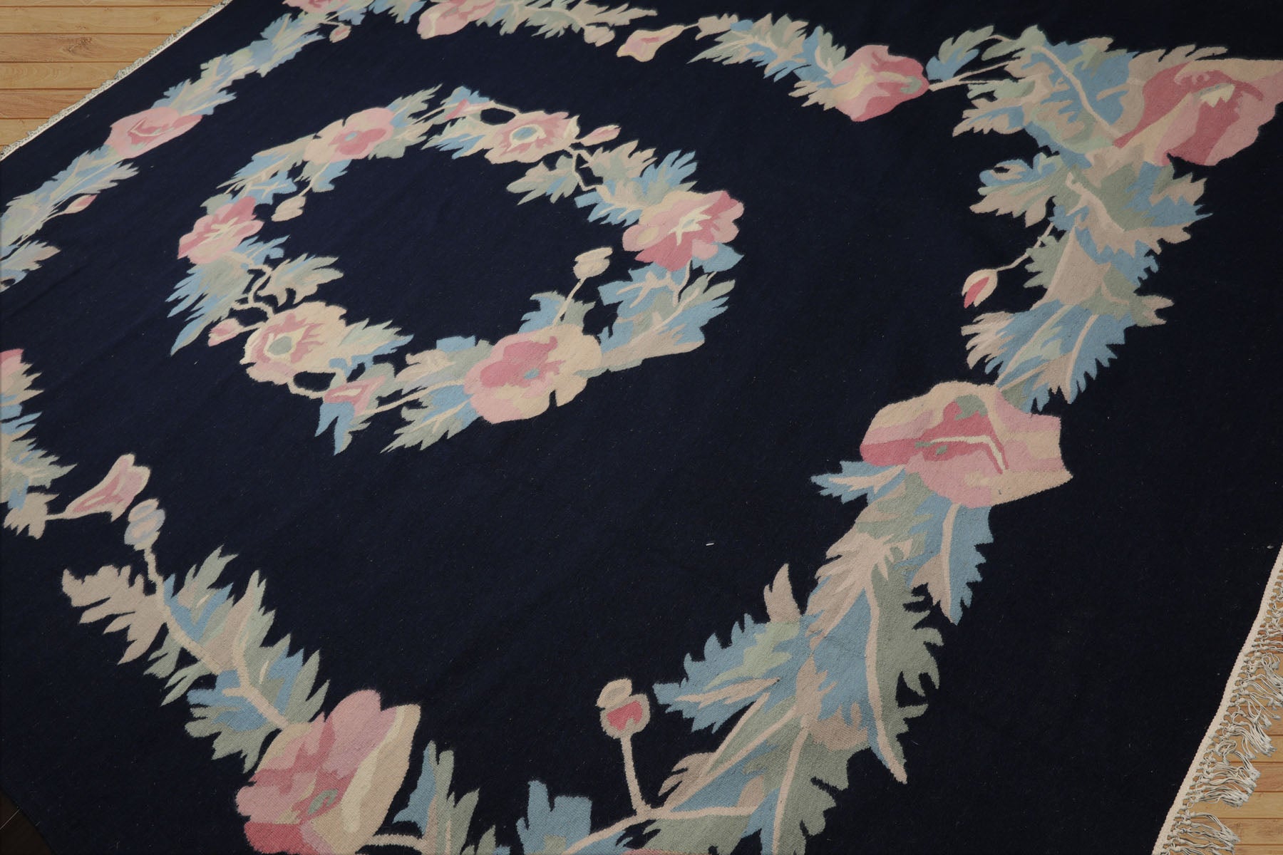 9x12 Navy, Rose, Ivory Color Hand Woven Kilim Wool Traditional Oriental Rug