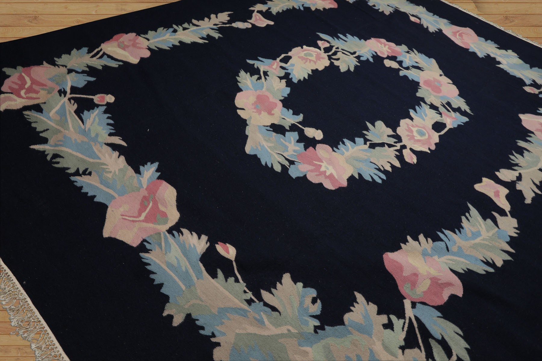 9x12 Navy, Rose, Ivory Color Hand Woven Kilim Wool Traditional Oriental Rug