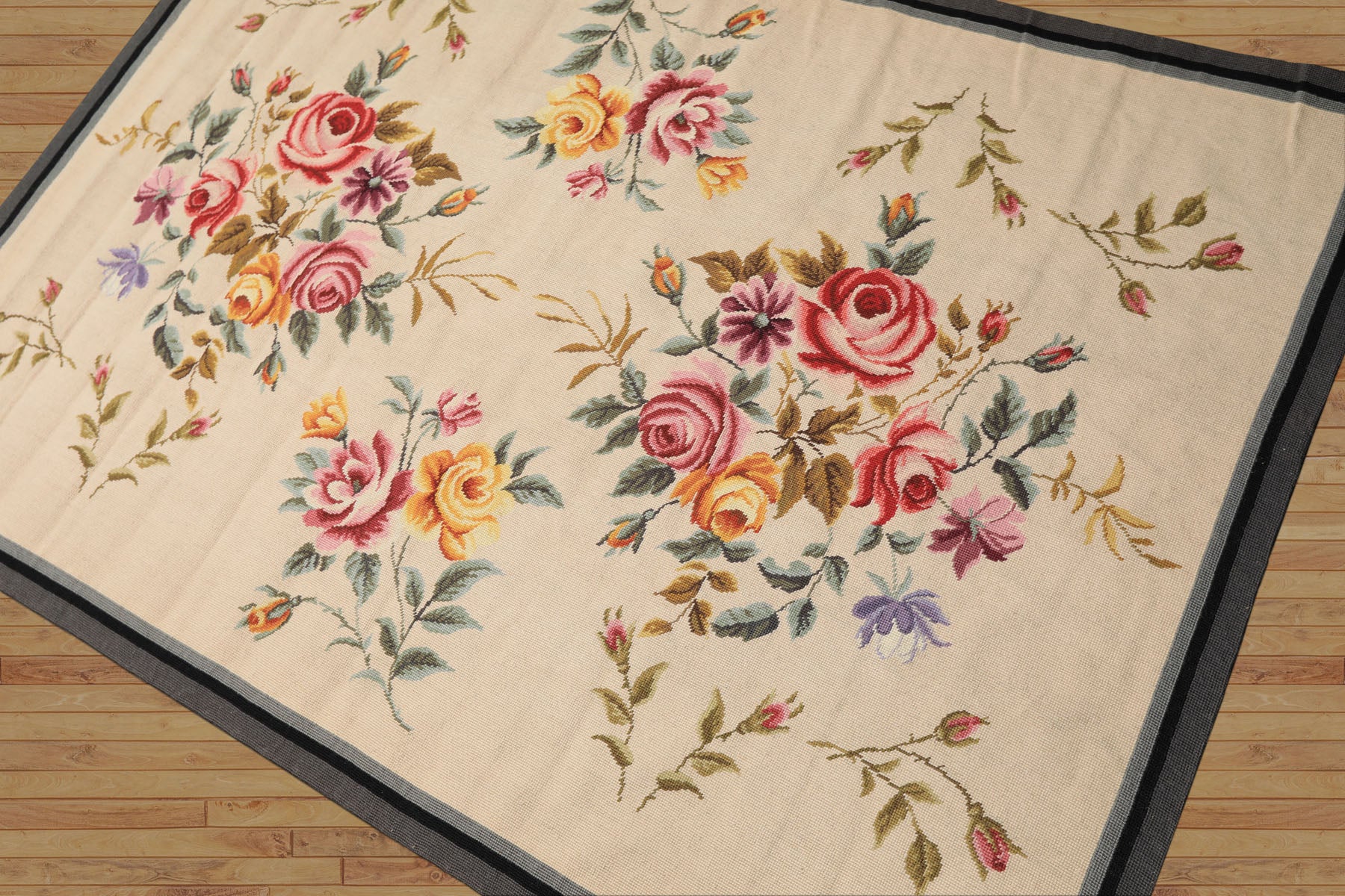 4x6 Ivory, Gray, Black Color Hand Knotted French Needlepoint Aubusson Wool Traditional Oriental Rug