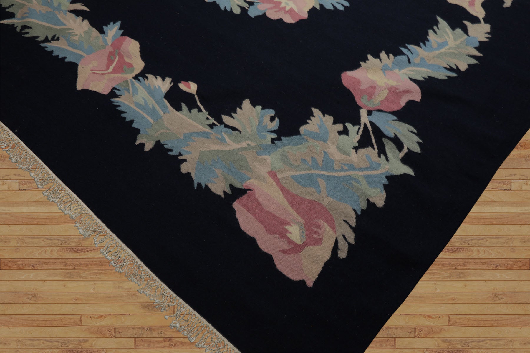 9x12 Navy, Rose, Ivory Color Hand Woven Kilim Wool Traditional Oriental Rug